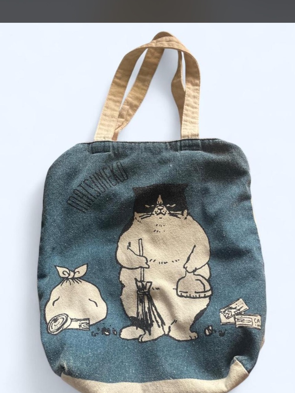 Canvas Cat Tote Bag in Teal and Tan - Unbranded